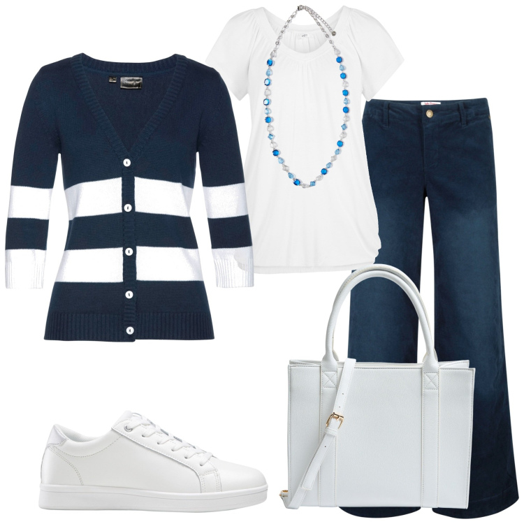 Outfit donna - Classico bianco e blu. Stile Casual per Tutti i giorni. Abbinamento con pantaloni, cardigans, sneakers, t-shirt, shopping bag, collane.