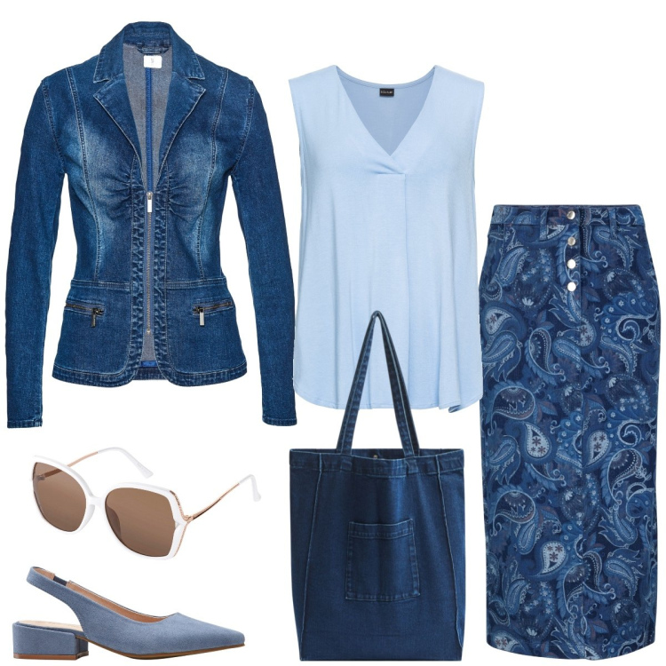 Outfit donna - Total look #1845827. Stile Casual chic per Tutti i giorni. Abbinamento con décolleté, gonne, blazer, top, occhiali da sole, shopping bag.