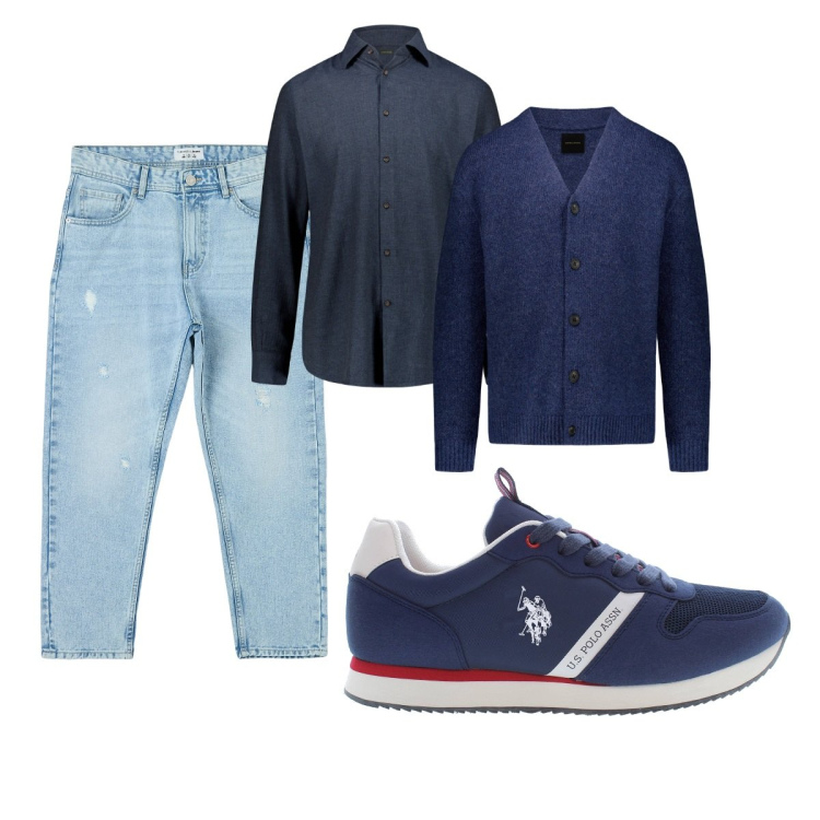 Outfit uomo - Total look #1845848. Stile Casual per Tutti i giorni. Abbinamento con jeans strappati, cardigans, scarpe sportive, camicie.
