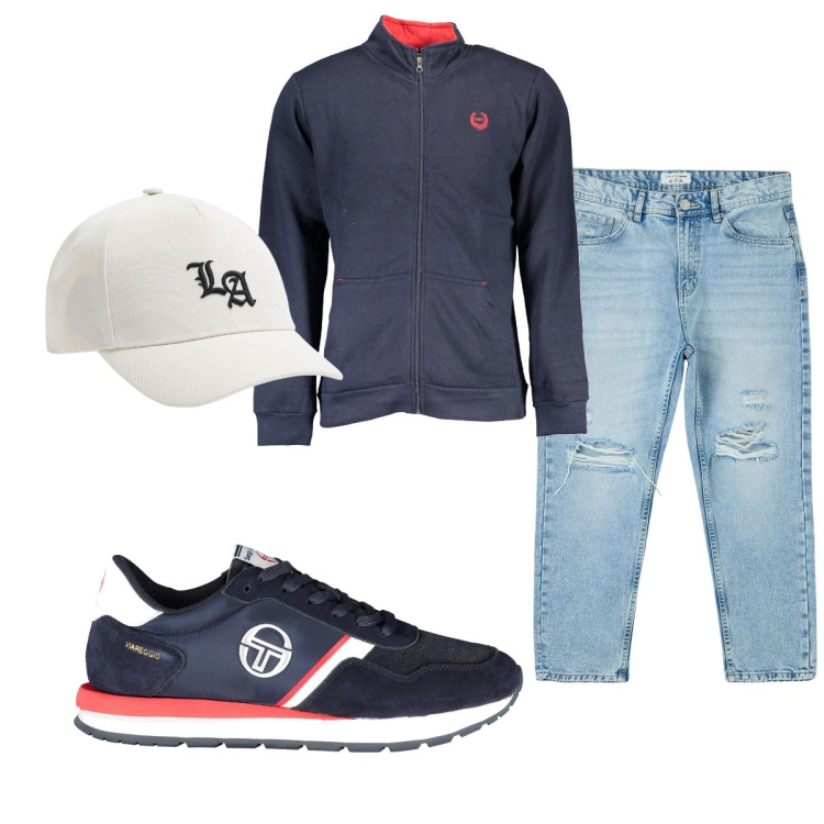 Outfit uomo - Total look #1845851. Stile Casual per Tutti i giorni. Abbinamento con jeans strappati, cappelli, scarpe sportive, felpe.