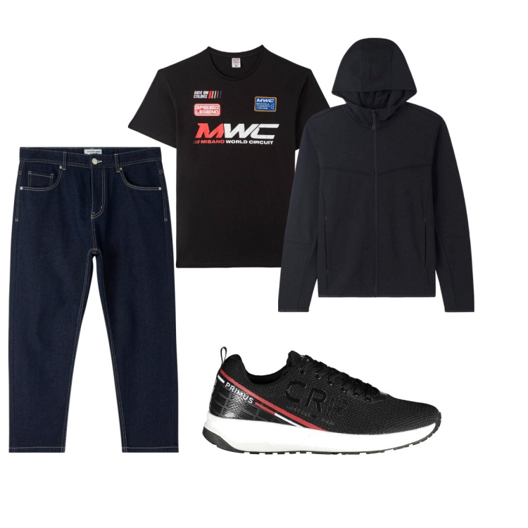 Outfit uomo - Total look #1845853. Stile Casual per Tutti i giorni. Abbinamento con felpe con cappuccio, t-shirt, jeans, scarpe sportive.