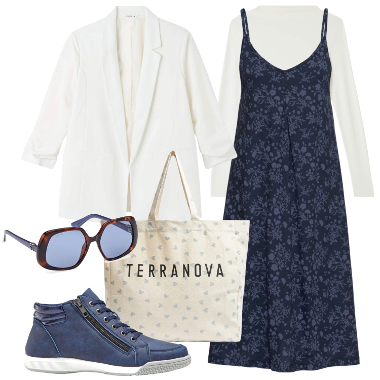 Outfit donna - Blu primavera. Stile Basic per Tutti i giorni. Abbinamento con sneakers alte, vestiti, shopping bag, blazer, t-shirt, occhiali da sole.