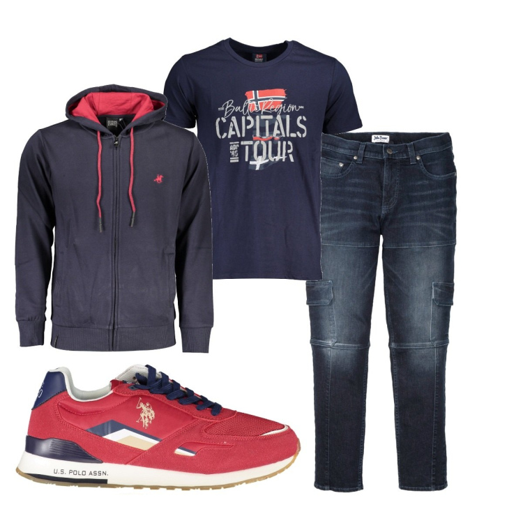 Outfit uomo - Total look #1845863. Stile Casual per Tutti i giorni. Abbinamento con jeans slim fit, t-shirt, felpe con cappuccio, scarpe sportive.