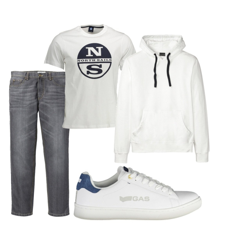 Outfit uomo - Total look #1845869. Stile Casual per Tutti i giorni. Abbinamento con felpe con cappuccio, jeans dritti, scarpe sportive, t-shirt.