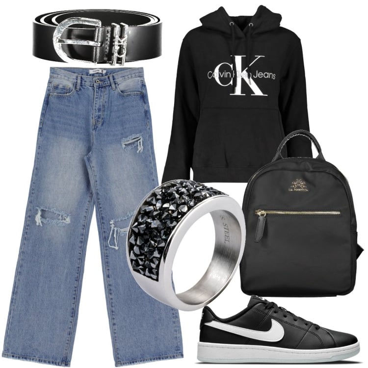Outfit donna - Pittarello New collection. Stile Urban per Tutti i giorni. Abbinamento con anelli, jeans dritti, sneakers, felpe con cappuccio, zaini, cinture.