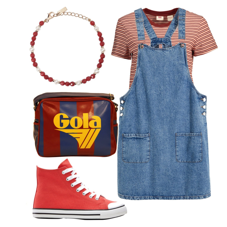 Outfit donna - Righe e salopette. Stile Basic per Tutti i giorni. Abbinamento con salopette, sneakers alte, braccialetti, borse a spalla, t-shirt.