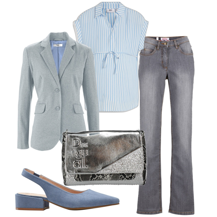 Outfit donna - Azzurrino. Stile Bon Ton per Ufficio. Abbinamento con décolleté, jeans dritti, blazer, bluse, borse a spalla.