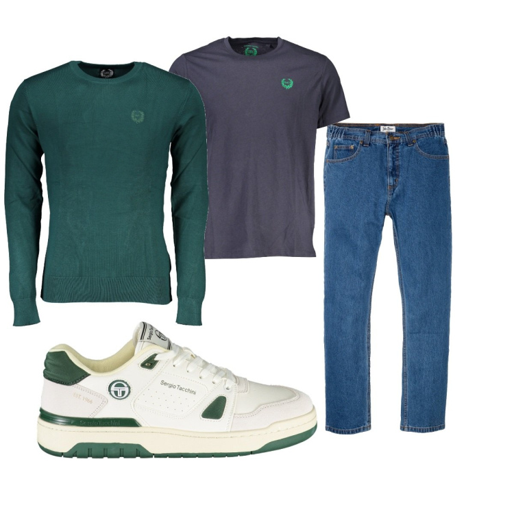 Outfit uomo - Total look #1845894. Stile Casual per Tutti i giorni. Abbinamento con jeans dritti, maglieria, t-shirt, scarpe sportive.