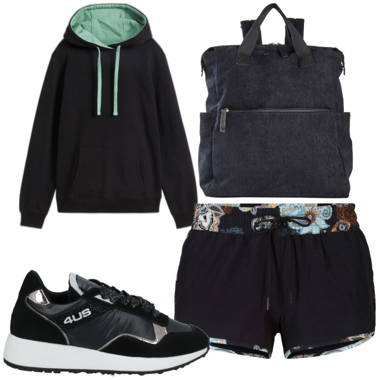 Outfit donna - Total look #1845933. Stile Basic per Sport. Abbinamento con pantaloni corti, zaini, felpe con cappuccio, sneakers.