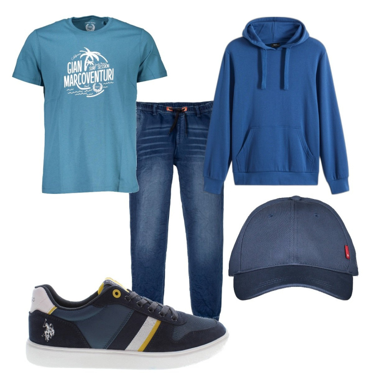Outfit uomo - Total look #1845950. Stile Casual per Tutti i giorni. Abbinamento con jeans dritti, felpe con cappuccio, cappelli con visiera, t-shirt, scarpe sportive.
