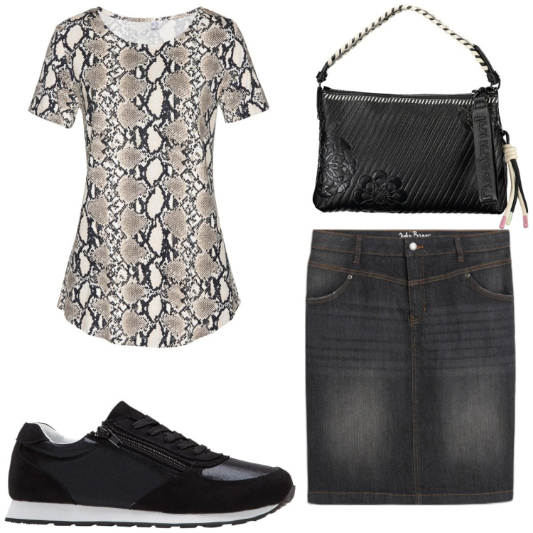 Outfit donna - Total look #1845955. Stile Basic per Tutti i giorni. Abbinamento con gonne, sneakers, maglieria, borse a spalla.