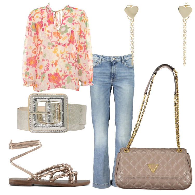 Outfit donna - Outfit casual. Stile Casual per Tutti i giorni. Abbinamento con orecchini, cinture, sandali, bluse, borse a spalla, jeans.