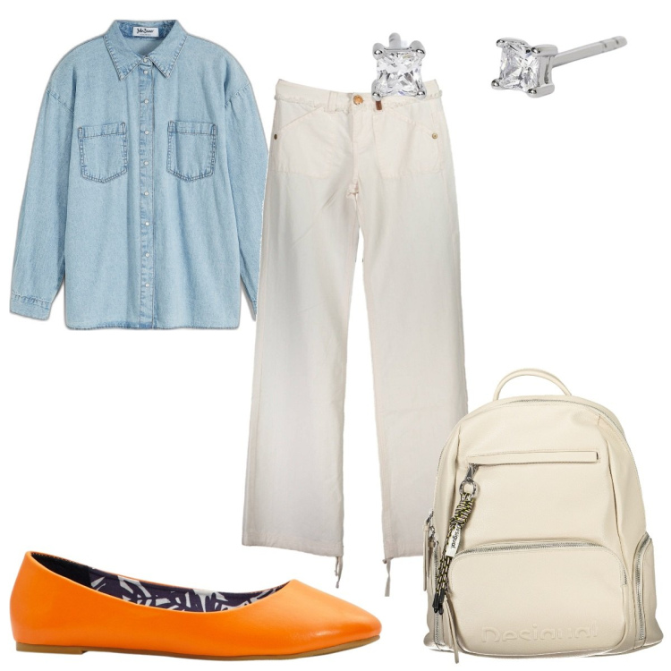 Outfit donna - Total look #1845964. Stile Trendy per Tutti i giorni. Abbinamento con camicie, ballerine, orecchini, zaini, pantaloni.