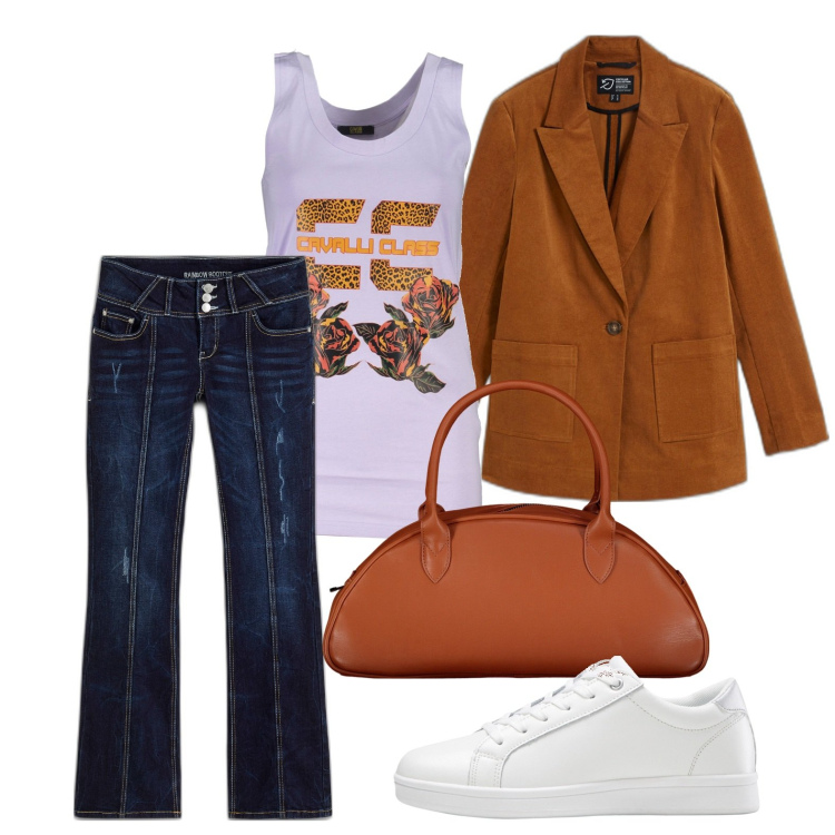 Outfit donna - Ghost outfitter - marzo. Stile Trendy per Tutti i giorni. Abbinamento con jeans bootcut, sneakers, blazer, canottiere, borse a spalla.