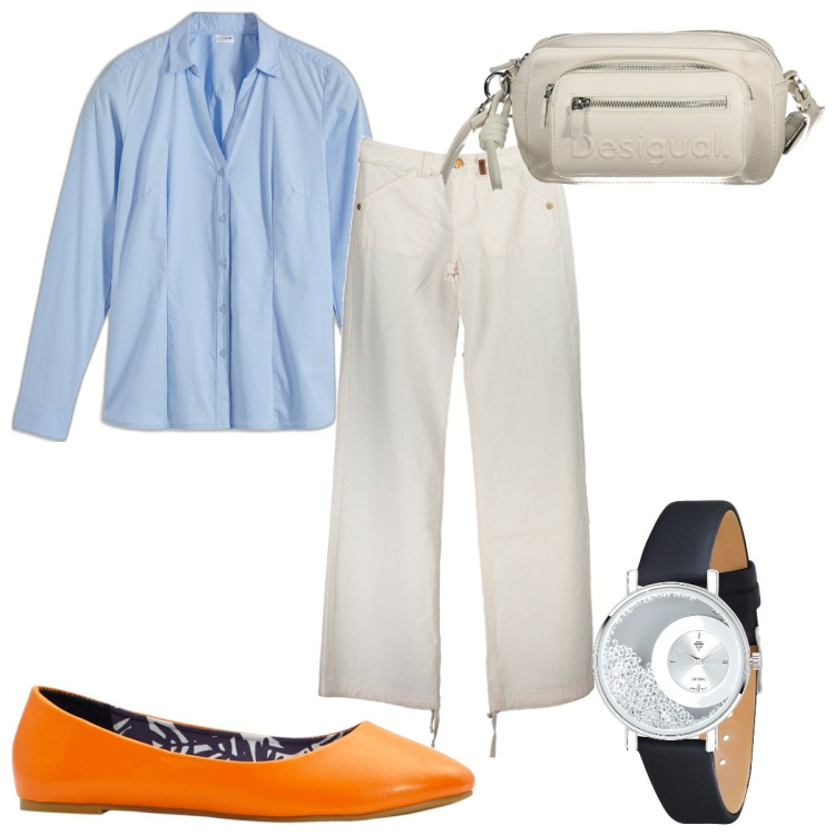 Outfit donna - Total look #1845969. Stile Trendy per Tutti i giorni. Abbinamento con camicie, ballerine, orologi, borse a spalla, pantaloni.