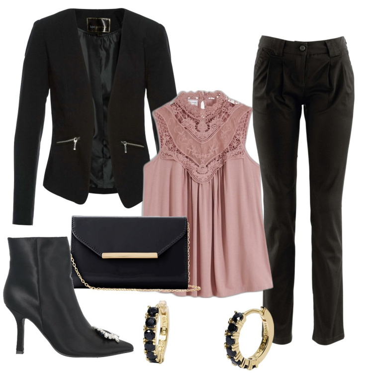 Outfit donna - Total look #1845971. Abbinamento con top, pantaloni chino, blazer, pochette, stivaletti, orecchini.