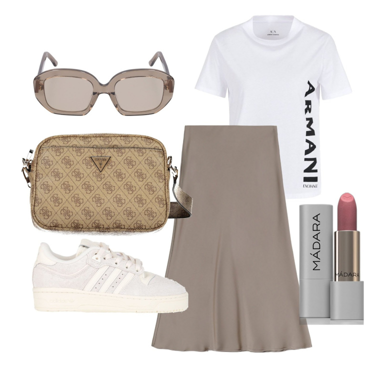 Outfit donna - Ghost outfitter - marzo. Stile Trendy per Tutti i giorni. Abbinamento con sneakers, rossetti, gonne longuette, t-shirt, borse a tracolla, occhiali da sole.