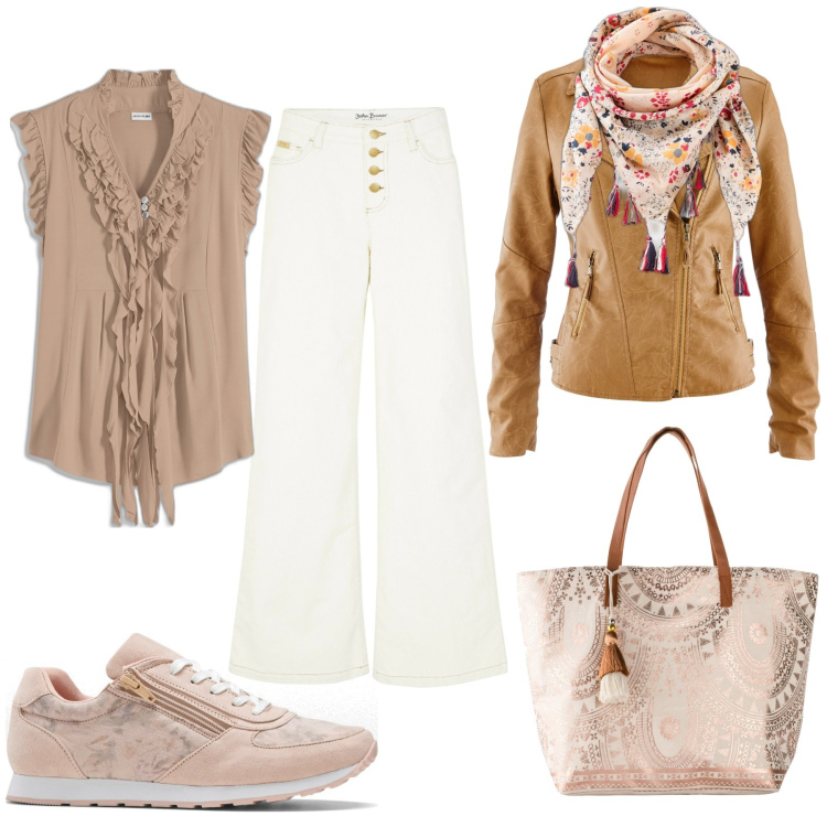 Outfit donna - Spring time. Stile Casual chic per Tutti i giorni. Abbinamento con pantaloni, sneakers, blazer, maglieria, shopping bag, foulard.