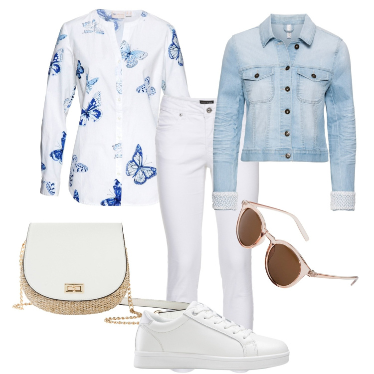 Outfit donna - Primavera Bonprix. Stile Basic Abbinamento con occhiali da sole, blazer, borse a tracolla, sneakers, pantaloni, camicie.