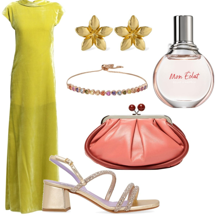 Outfit donna - In abito lungo. Stile Glamour per Cerimonia. Abbinamento con vestiti lunghi, profumi, braccialetti, sandali gioiello, clutch, orecchini.