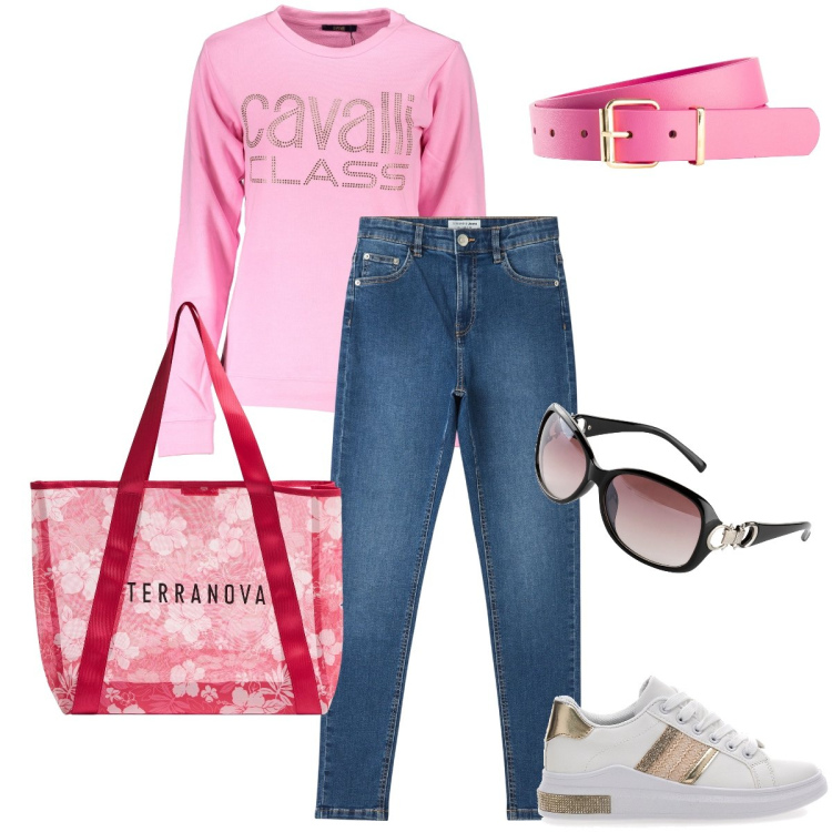 Outfit donna - Cavalli Class. Stile Casual per Tutti i giorni. Abbinamento con cinture, occhiali da sole, shopping bag, jeans skinny, felpe, sneakers.
