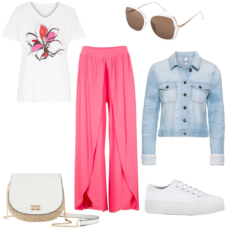 Outfit donna - Semplicità. Stile Basic per Tutti i giorni. Abbinamento con sneakers, blazer, pantaloni, t-shirt, borse a tracolla, occhiali da sole.