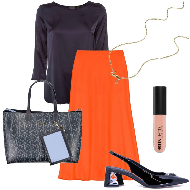 Outfit donna - La gonna arancio. Stile Bon Ton per Serata fuori. Abbinamento con collane, rossetti, gonne longuette, bluse, décolleté, borse a spalla.