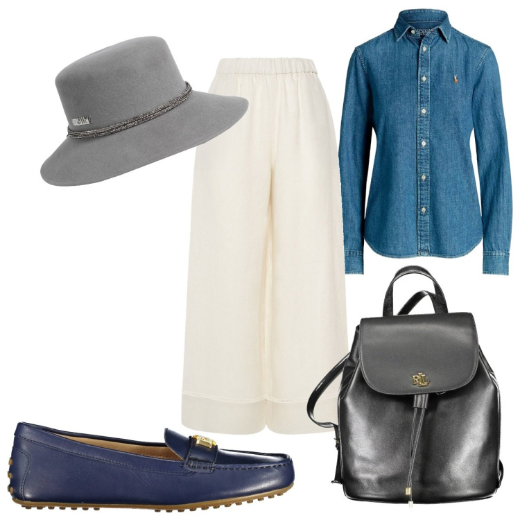 Outfit donna - Total look #1846047. Stile Trendy per Tutti i giorni. Abbinamento con cappelli, ballerine, zaini, camicie, pantaloni.