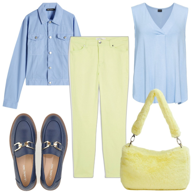 Outfit donna - Primavera con Pittarello. Stile Trendy per Tutti i giorni. Abbinamento con top, pantaloni, borse a spalla, blazer, mocassini.