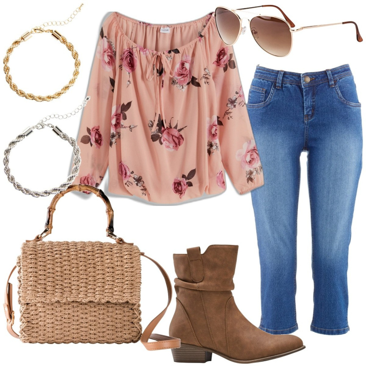 Outfit donna - Rosae - Rosarum - Rosis. Stile Boho per Tutti i giorni. Abbinamento con jeans slim fit, occhiali da sole, bluse, stivaletti texani, braccialetti, borse a mano.