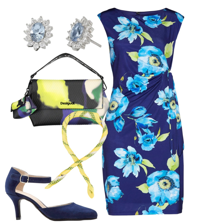Outfit donna - City. Stile Basic per Tutti i giorni. Abbinamento con décolleté, vestiti, orecchini, foulard, borse a spalla.