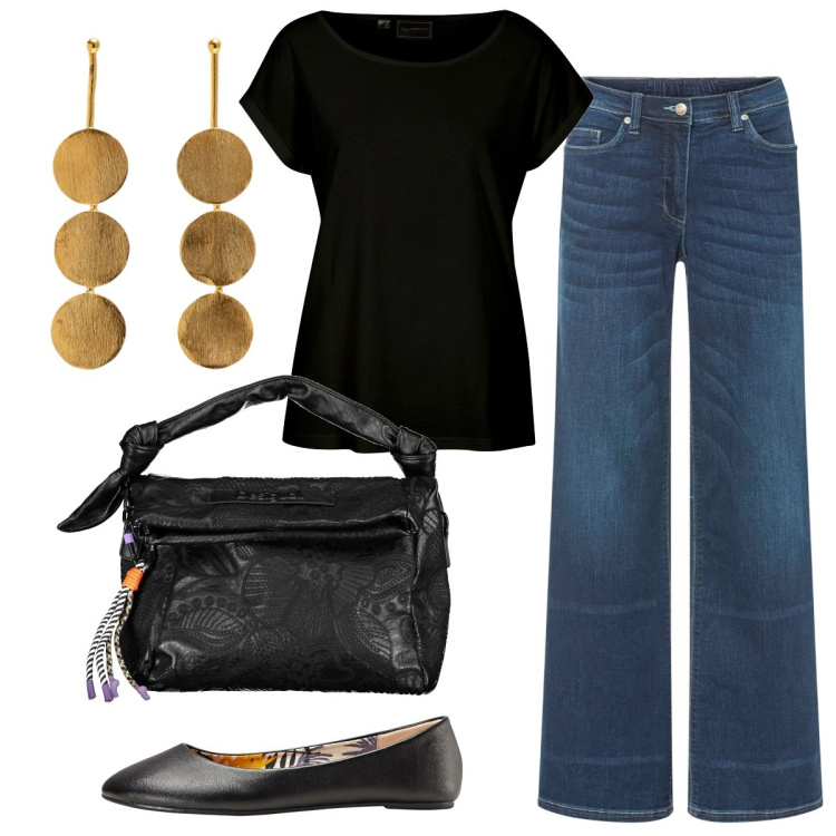 Outfit donna - Misto seta e denim. Stile Casual per Ufficio. Abbinamento con jeans, ballerine, maglieria, borse a spalla, orecchini.