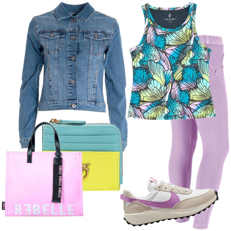 Outfit donna - Casual con sneakers. Stile Casual per Tutti i giorni. Abbinamento con portafogli, giacche, pantaloni skinny, sneakers, shopping bag, canottiere.