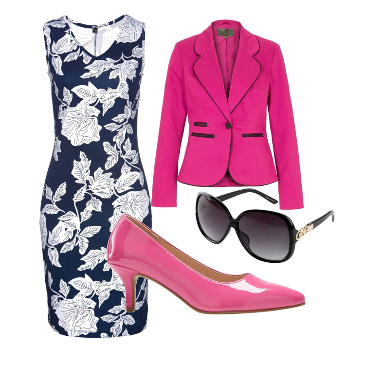 Outfit donna - Pasqua fiorita. Stile Glamour per Cerimonia. Abbinamento con occhiali da sole, vestiti, blazer, décolleté.