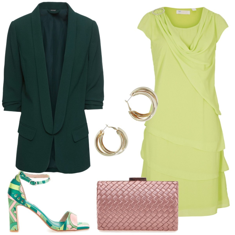 Outfit donna - Total look #1846165. Stile Chic per Cerimonia. Abbinamento con blazer, vestiti, orecchini, sandali col tacco, pochette.