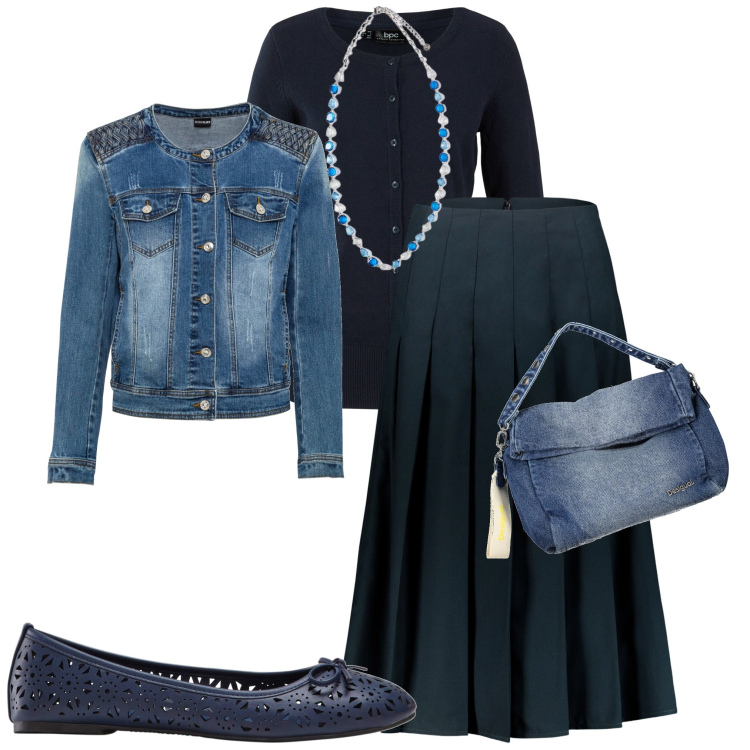 Outfit donna - Elegante in blu. Stile Casual chic per Tutti i giorni. Abbinamento con cardigans, ballerine, blazer, gonne longuette, borse a spalla, collane.