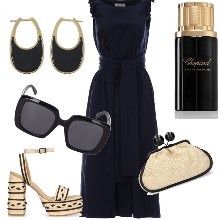 Outfit donna - Nero.... Stile Chic per Serata fuori. Abbinamento con profumi, vestiti, sandali col tacco, orecchini, occhiali da sole, pochette.