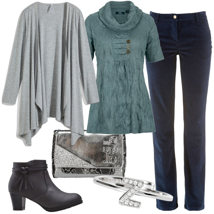 Outfit donna - Rainy day. Stile Casual chic per Tutti i giorni. Abbinamento con pantaloni, stivaletti, maglieria, cardigans, anelli, borse a spalla.