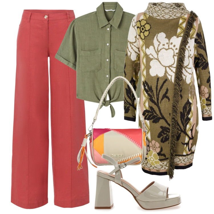 Outfit donna - Total look #1846190. Stile Boho per Tutti i giorni. Abbinamento con pantaloni a palazzo, cardigans, camicie a manica corta, sandali col tacco, borse a spalla.