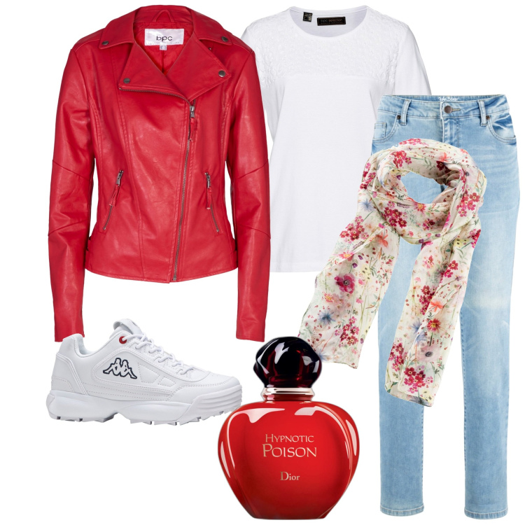 Outfit donna - Poison. Stile Casual per Tutti i giorni. Abbinamento con jeans dritti, foulard, blazer, t-shirt, sneakers, profumi.