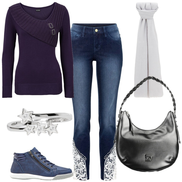 Outfit donna - Il maglione viola. Stile Basic per Tutti i giorni. Abbinamento con sneakers alte, maglieria, jeans skinny, anelli, foulard, borse a spalla.