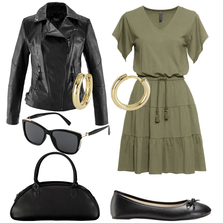 Outfit donna - In città. Stile Casual chic per Tutti i giorni. Abbinamento con blazer, ballerine, occhiali da sole, vestiti, orecchini, borse a spalla.