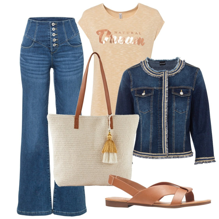 Outfit donna - Un jeans e una maglietta. Stile Casual per Tutti i giorni. Abbinamento con sandali, blazer, maglieria, jeans a zampa, shopping bag.