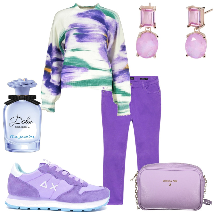 Outfit donna - Il mio pranzo della domenica. Stile Casual chic per Tutti i giorni. Abbinamento con profumi, orecchini, sneakers, maglieria, borse a tracolla, pantaloni skinny.