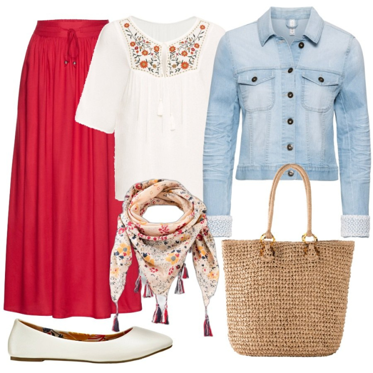 Outfit donna - Total look #1846202. Stile Romantica per Tutti i giorni. Abbinamento con gonne lunghe, blazer, tuniche, ballerine, foulard, shopping bag.