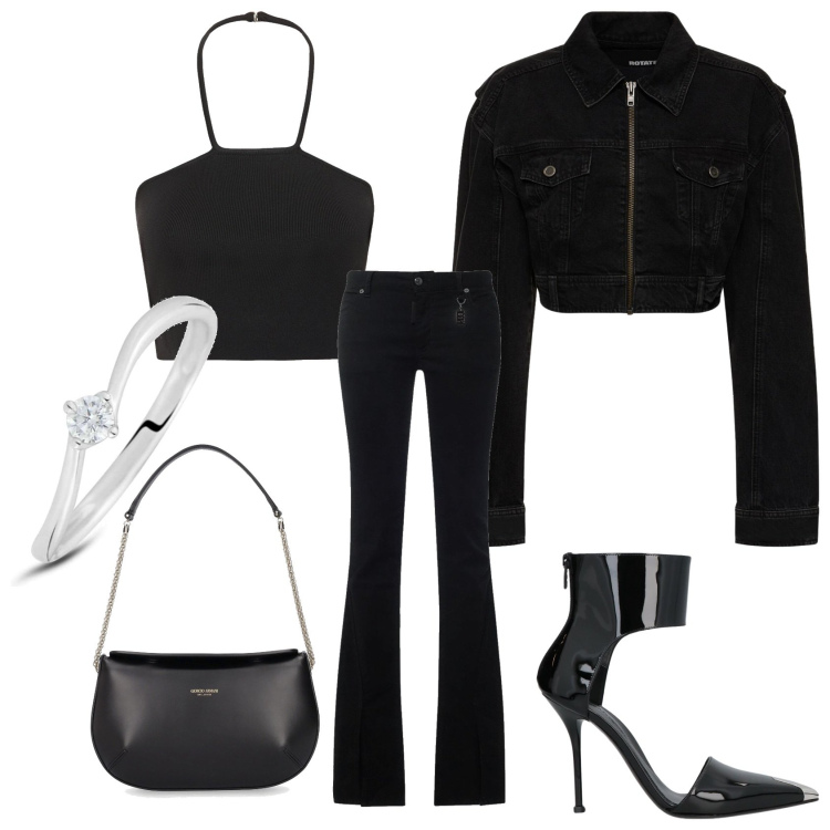 Outfit donna - Total look #1846224. Stile Casual per Serata fuori. Abbinamento con décolleté, anelli, top, blazer, jeans, borse a spalla.