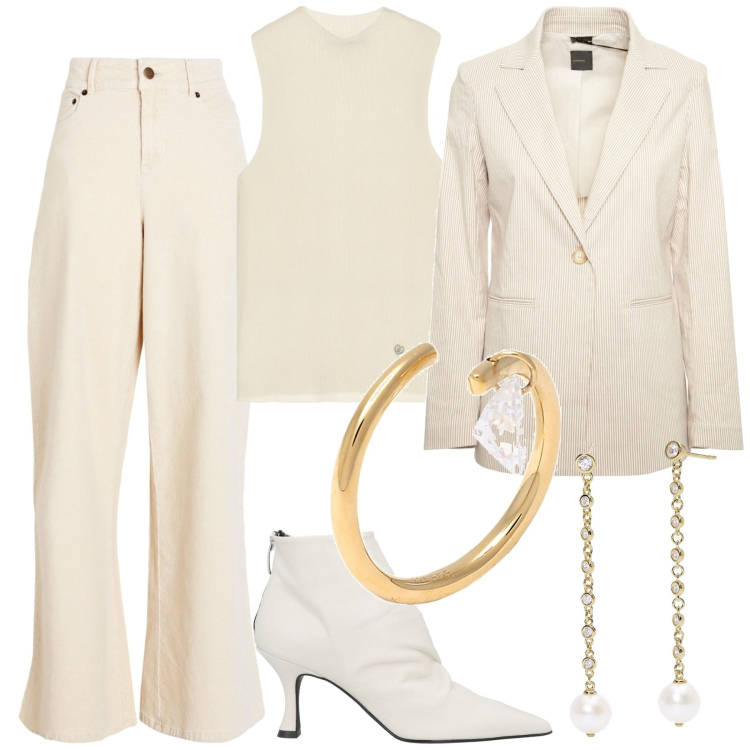 Outfit donna - Seconde nozze. Stile Bon Ton per Cerimonia. Abbinamento con pantaloni, stivaletti, anelli, orecchini, top, blazer.