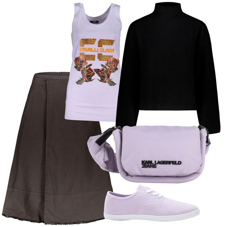 Outfit donna - Pasquetta in città d\'arte. Stile Basic per Tutti i giorni. Abbinamento con sneakers, borse a tracolla, maglieria, gonne lunghe, canottiere.