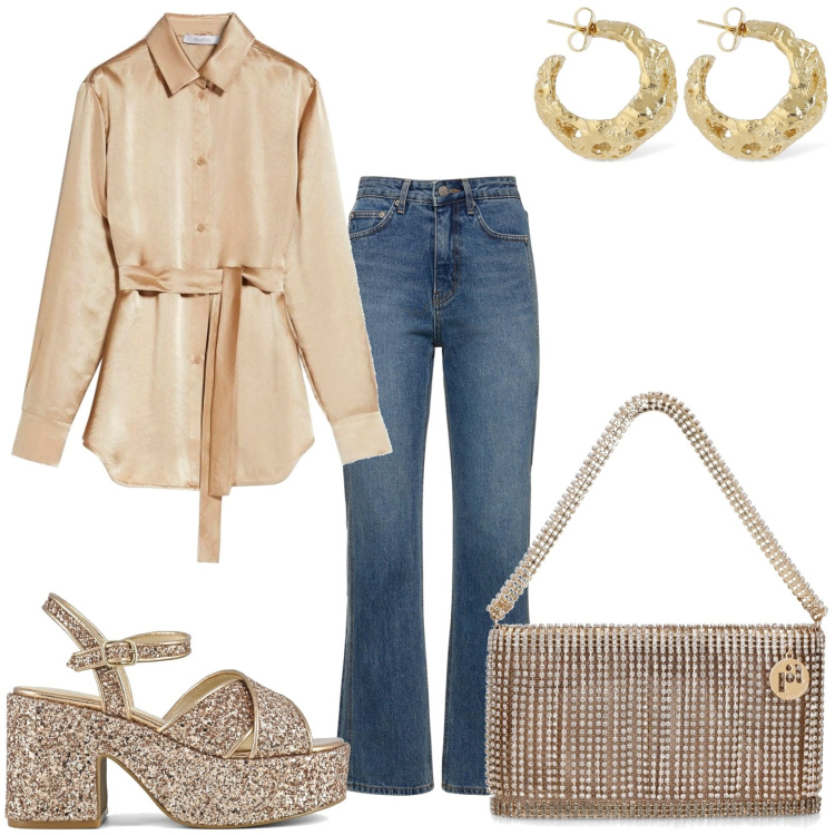 Outfit donna - Elegante anche in jeans. Stile Glamour per Tutti i giorni. Abbinamento con sandali, camicie, jeans dritti, pochette, orecchini.