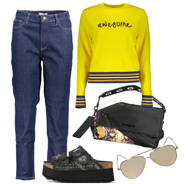 Outfit donna - Total look #1846274. Stile Sporty chic per Tutti i giorni. Abbinamento con zeppe, collane, maglieria, occhiali da sole, jeans.
